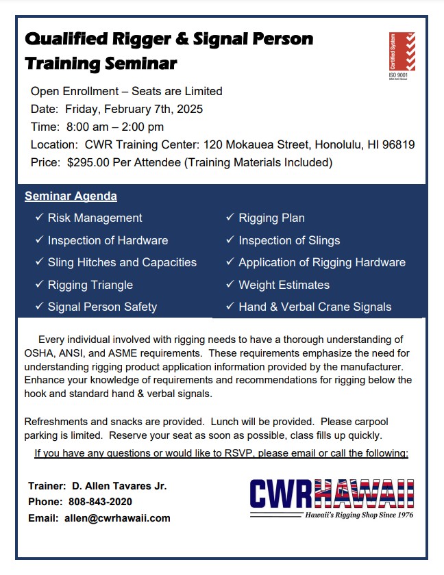 (Class is Full) Qualified Rigger & Signal Person Training Seminar – CWR ...